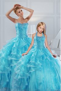 Aqua Blue Organza Lace Up Quinceanera Gown Sleeveless Floor Length Beading and Ruffled Layers