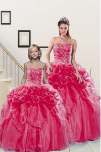 Hot Sale Pick Ups Coral Red Sleeveless Organza Lace Up 15 Quinceanera Dress for Military Ball and Sweet 16 and Quinceanera