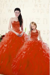 Long Sleeves Organza Floor Length Lace Up 15 Quinceanera Dress in Red with Beading and Ruffles