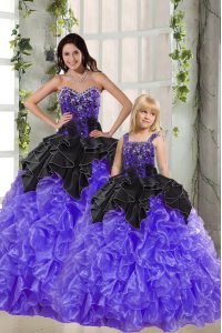 Modest Black And Purple Organza Lace Up Quinceanera Dresses Sleeveless Floor Length Beading and Ruffles