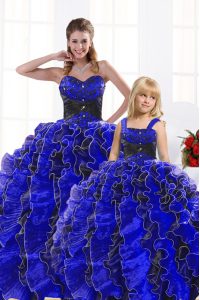 Elegant Royal Blue Lace Up Sweet 16 Dress Beading and Appliques and Ruffles Sleeveless Floor Length