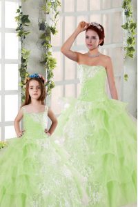 Comfortable Yellow Green Ball Gowns Beading and Ruffled Layers and Ruching Sweet 16 Dresses Lace Up Organza Sleeveless Floor Length