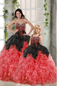Unique Red And Black Sleeveless Floor Length Beading and Ruffles Lace Up Sweet 16 Quinceanera Dress