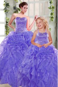 Sleeveless Organza Floor Length Lace Up Quinceanera Gown in Lavender with Beading and Ruffles