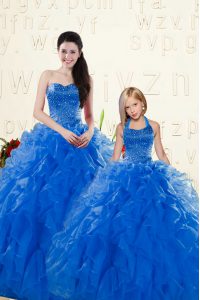 Simple Royal Blue Sleeveless Beading and Ruffles Floor Length 15th Birthday Dress