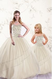 Delicate Sleeveless Floor Length Beading Lace Up Quinceanera Gown with Champagne