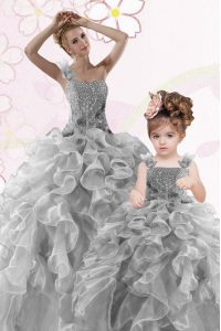 Gorgeous Grey Organza Lace Up One Shoulder Sleeveless Floor Length 15th Birthday Dress Beading and Ruffles