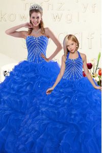 Colorful Blue Ball Gowns Organza Sweetheart Sleeveless Beading and Ruffles Floor Length Lace Up Sweet 16 Quinceanera Dress