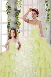 Light Yellow Lace Up Quinceanera Dresses Beading and Ruffled Layers and Ruching Sleeveless Floor Length
