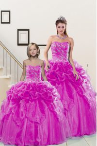 Pick Ups Ball Gowns 15th Birthday Dress Fuchsia Sweetheart Organza Sleeveless Floor Length Lace Up