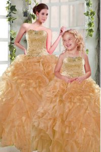 Orange Ball Gowns Organza Strapless Sleeveless Beading and Ruffles Floor Length Lace Up Quinceanera Dresses