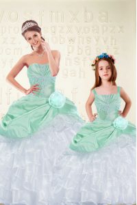 Discount Apple Green Sleeveless Beading and Ruffles and Hand Made Flower Floor Length Ball Gown Prom Dress