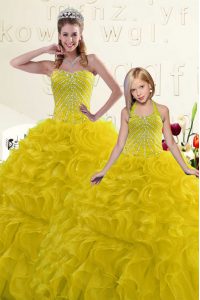 Pretty Gold Sleeveless Floor Length Beading and Ruffles Lace Up Quinceanera Dresses