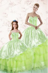 Traditional Floor Length Lace Up 15 Quinceanera Dress Yellow Green for Military Ball and Sweet 16 and Quinceanera with Embroidery and Ruffled Layers