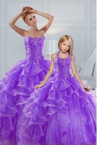 Sumptuous Ruffled Ball Gowns Sweet 16 Dresses Lavender Sweetheart Organza Sleeveless Floor Length Lace Up