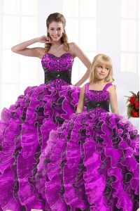 Charming Floor Length Fuchsia Quinceanera Dresses Organza Sleeveless Beading and Appliques and Ruffles
