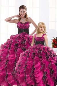 Smart Floor Length Lace Up Sweet 16 Quinceanera Dress Hot Pink for Military Ball and Sweet 16 and Quinceanera with Beading and Appliques and Ruffles