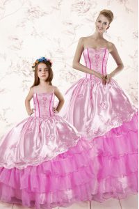 Floor Length Lace Up Sweet 16 Dress Lilac for Military Ball and Sweet 16 and Quinceanera with Embroidery and Ruffled Layers