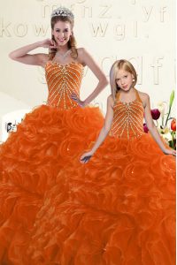 Floor Length Orange Ball Gown Prom Dress Organza Sleeveless Beading and Ruffles