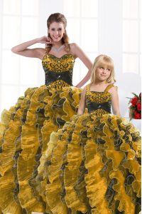 New Style Ball Gowns Quinceanera Dresses Gold Sweetheart Organza Sleeveless Floor Length Lace Up