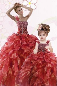 Sweet Coral Red Organza Lace Up One Shoulder Sleeveless Floor Length Quinceanera Dress Beading and Ruffles