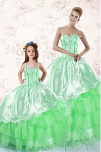 Modest Sweetheart Sleeveless Vestidos de Quinceanera Floor Length Embroidery and Ruffled Layers Green Organza