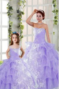 Embroidery and Ruffled Layers 15 Quinceanera Dress Lavender Lace Up Sleeveless Floor Length