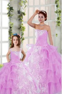 Lilac Ball Gowns Strapless Sleeveless Organza Floor Length Lace Up Beading and Ruching Quinceanera Gowns