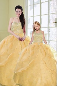 Floor Length Gold 15th Birthday Dress Organza Sleeveless Beading and Sequins