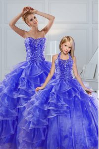 Exceptional Beading and Ruffled Layers Quince Ball Gowns Blue Lace Up Sleeveless Floor Length