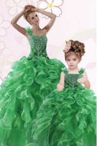 Green Lace Up One Shoulder Beading and Ruffles Sweet 16 Dresses Organza Sleeveless