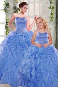 Flare Blue Lace Up Sweetheart Beading and Ruffles Sweet 16 Quinceanera Dress Organza Sleeveless