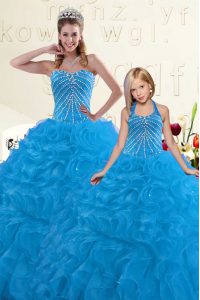 Most Popular Beading and Ruffles Quinceanera Dresses Blue Lace Up Sleeveless Floor Length