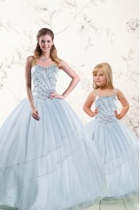 Superior Baby Blue Ball Gowns Sweetheart Sleeveless Tulle Floor Length Lace Up Beading Sweet 16 Dresses