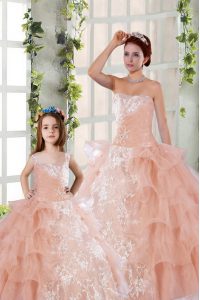 Ruffled Peach Sleeveless Organza Lace Up Ball Gown Prom Dress for Military Ball and Sweet 16
