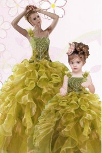 Fine Olive Green 15 Quinceanera Dress Military Ball and Sweet 16 and Quinceanera with Beading and Ruffles Sweetheart Sleeveless Lace Up