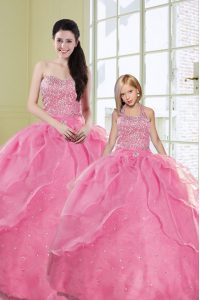 Floor Length Rose Pink Quince Ball Gowns Organza Sleeveless Beading and Sequins