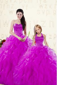 Luxury Sleeveless Floor Length Beading and Ruffles Lace Up Sweet 16 Quinceanera Dress with Purple