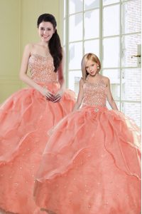 Watermelon Red Lace Up Sweetheart Beading and Sequins 15 Quinceanera Dress Organza Sleeveless