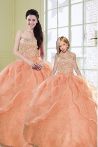 Orange Organza Lace Up Sweet 16 Dress Sleeveless Floor Length Beading and Sequins