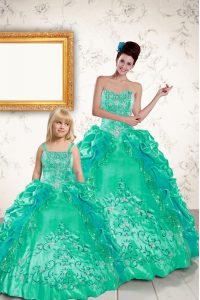 Pick Ups Floor Length Turquoise Quinceanera Dresses Strapless Sleeveless Lace Up