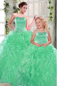 Nice Apple Green Ball Gowns Sweetheart Sleeveless Organza Floor Length Lace Up Beading and Ruffles Ball Gown Prom Dress