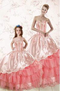 Watermelon Red Organza Lace Up Sweetheart Sleeveless Floor Length Sweet 16 Quinceanera Dress Embroidery and Ruffled Layers