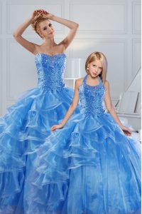 Floor Length Lace Up 15 Quinceanera Dress Baby Blue for Military Ball and Sweet 16 and Quinceanera with Beading and Ruffled Layers