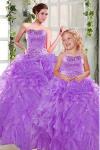 Purple Sleeveless Organza Lace Up Quinceanera Dresses for Military Ball and Sweet 16 and Quinceanera