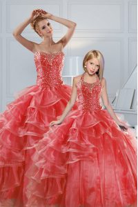 Ruffled Floor Length Coral Red Quinceanera Gowns Sweetheart Sleeveless Lace Up
