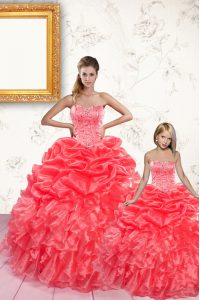 Comfortable Coral Red Organza Lace Up Sweetheart Sleeveless Floor Length Quinceanera Dress Beading and Ruffles and Pick Ups