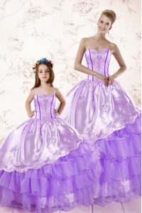 Flare Lavender Ball Gowns Organza Sweetheart Sleeveless Embroidery and Ruffled Layers Floor Length Lace Up 15 Quinceanera Dress