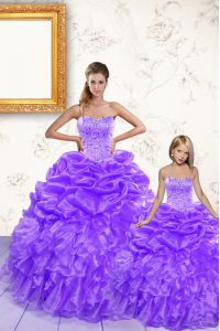 Lavender Sweetheart Neckline Beading and Ruffles and Pick Ups Quince Ball Gowns Sleeveless Lace Up
