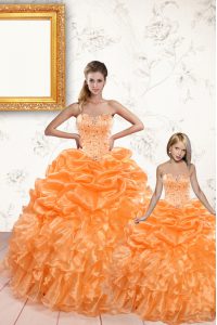 Affordable Orange Quinceanera Gown Military Ball and Sweet 16 and Quinceanera with Beading and Ruffles and Pick Ups Sweetheart Sleeveless Lace Up